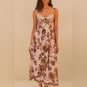 Farm Rio Floral Pink and Brown Midi Dress